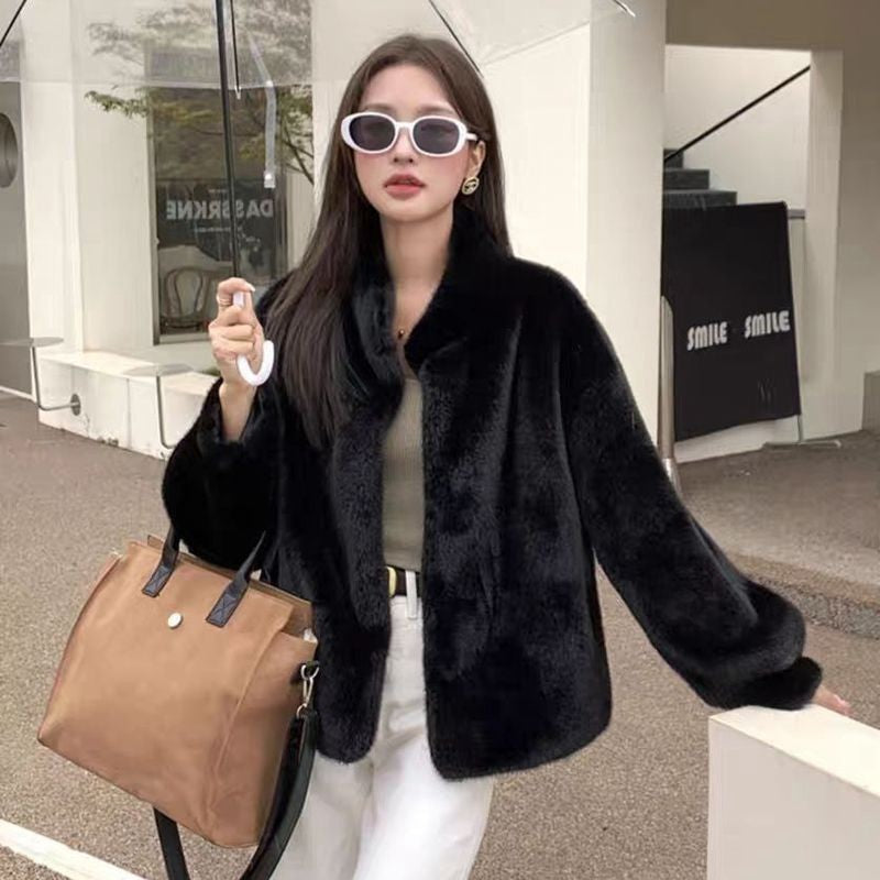 Womens Stylish Loose-fitting Fur-trimmed Collar Coat