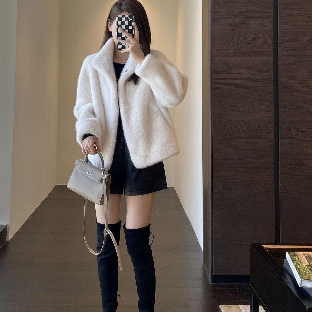 Womens Stylish Loose-fitting Fur-trimmed Collar Coat