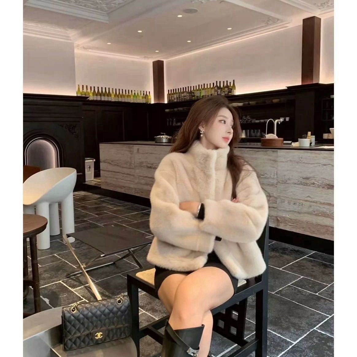 Womens Stylish Loose-fitting Fur-trimmed Collar Coat